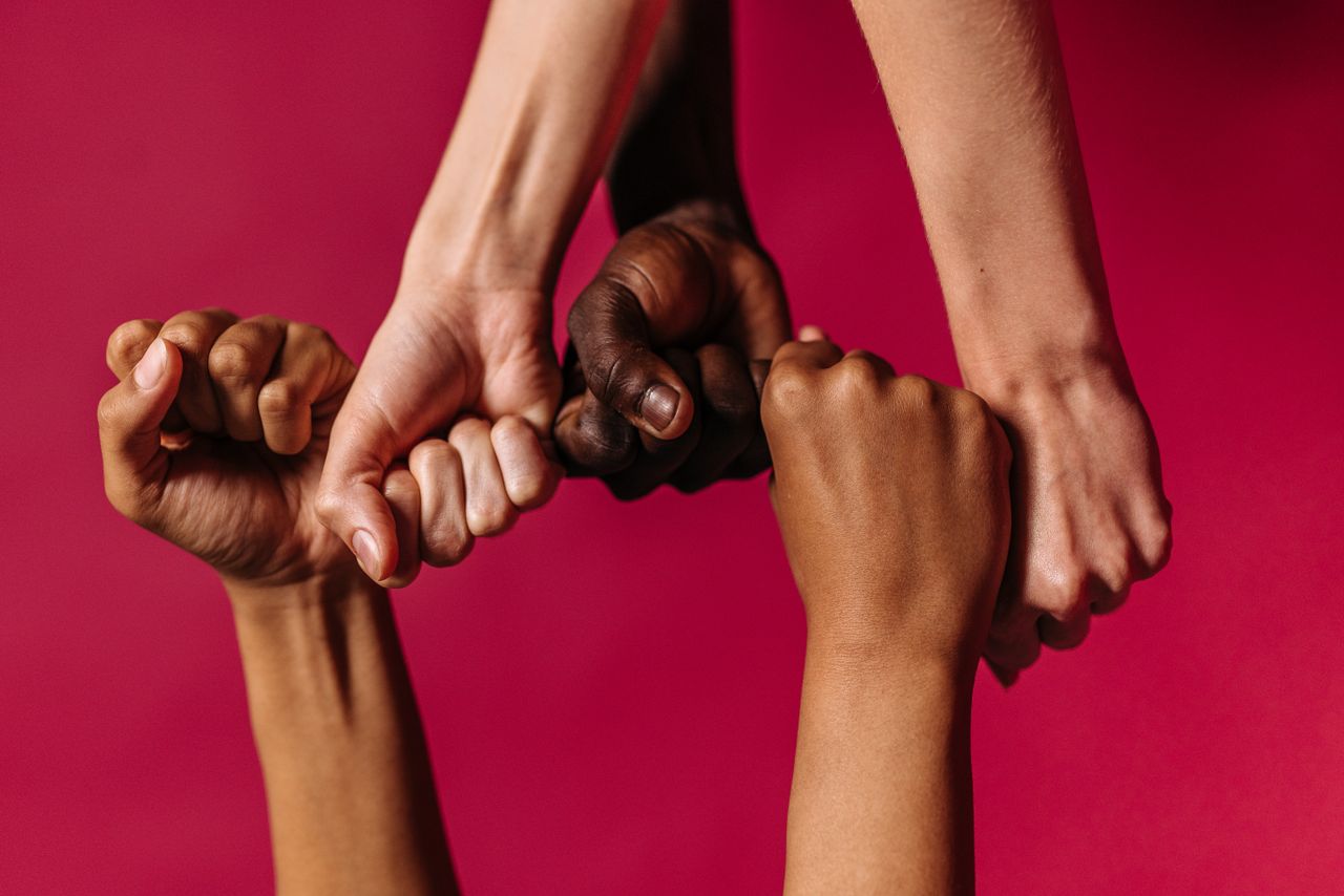 Diverse hands showing unity against a vibrant pink background, symbolizing harmony.